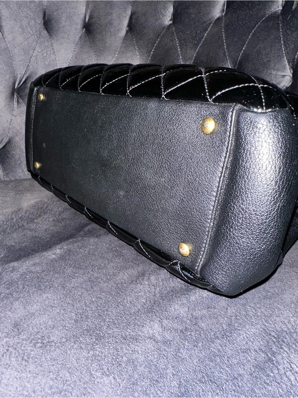 CHANEL Salzburg Quilted Patent Leather Shoulder Bag with Gold Chain Hardware